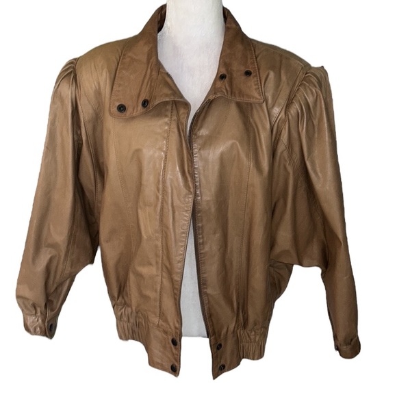 Vintage Georgetown Leather Tan Leather 80s Pleated Dolman Puff Sleeve Jacket - S - Picture 3 of 16